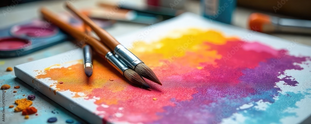 Fototapeta premium Two paintbrushes resting on a canvas, surrounded by scattered art supplies, suggesting a paused artistic conversation between tools and materials , artwork, visual storytelling, art materials