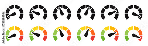 Speedometer icon. Speed indicator, Internet car speed. Performance concept. Speedometer set. Fast speed sign. Vector illustration.
