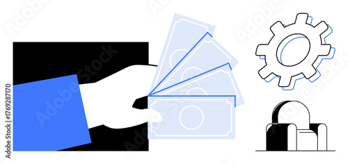 Hand holding money bills, gear, and chair outline representing salary, income, productivity, financial planning, budgeting, work benefits and economic growth. Ideal for job compensation