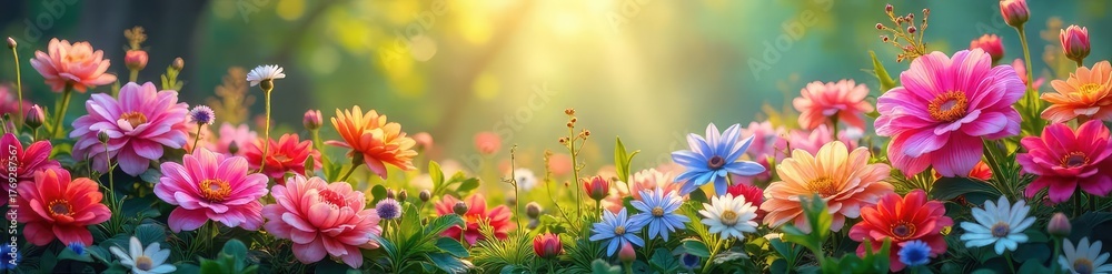 Fototapeta premium Vibrant blooms burst forth in a dazzling array of colors, creating a breathtaking spectacle of nature's artistry Perfect for illustrating spring, summer, or floral themes , blossoming, flower bed