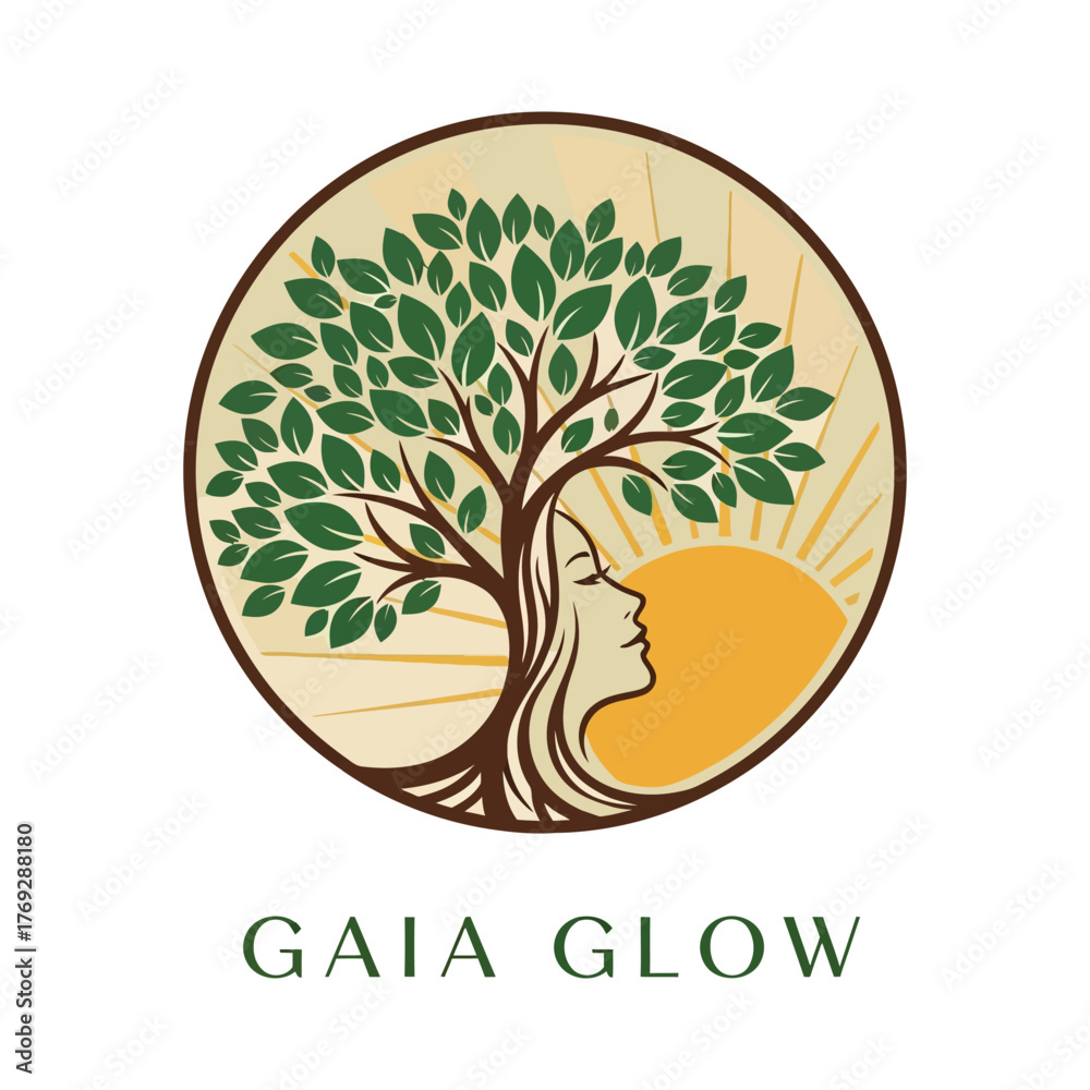 Obraz premium Gaia glow logo isolated on white background featuring a woman and a tree with sun