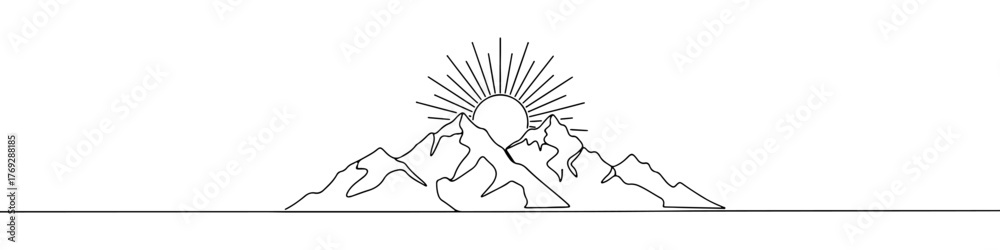 Fototapeta premium Mountains and sun continuous one line drawing. Hand drawn sunset panoramic view.