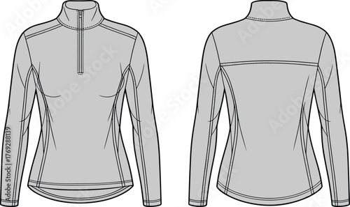 Athletic top sketch, high collar, partial zipper, raglan sleeves, curved hemline, yoke detail, fashion flat drawing, apparel design template