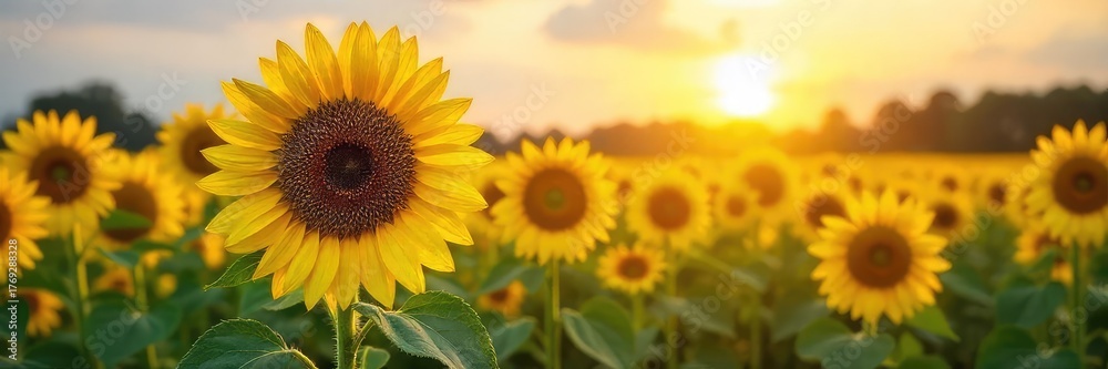 Obraz premium Vibrant yellow oil sunflowers bask in the summer sun, their heavy heads bowing under the weight of ripening seeds A picturesque scene of agricultural abundance , oil seeds, plantation, composite