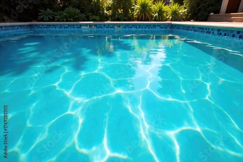 Vibrant turquoise pool water shimmers under the summer sun, inviting a refreshing dip Crystal clear, the inviting blue water reflects the sky and surrounding greenery , clouds, calm, waves
