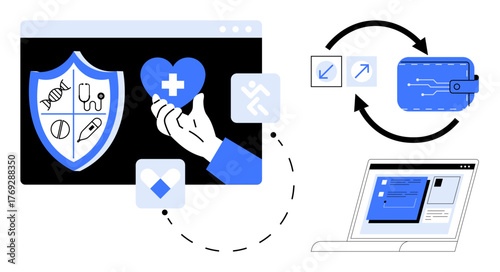 Shield with medical icons, hand holding heart with health cross, wallet, arrows in a loop, laptop screen. Ideal for healthcare, payment security, telemedicine, technology finance systems digital