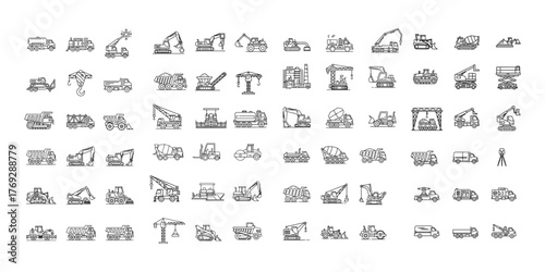Minimalist Construction Vehicle Line Icons Set. Thin Linear Vector Illustrations with Editable Stroke Featuring Excavator, Bulldozer, Crane, Dumper Truck, Loader, Motor Grader, Road Roller, Forklift, 