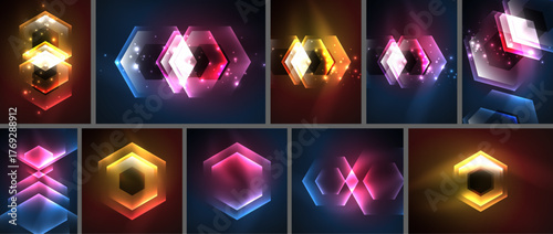 Bright geometric shapes, glowing neon effects, hexagon patterns dominate composition. Vivid colors create dynamic visual experience.