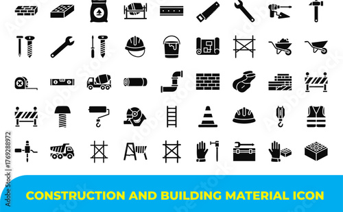 Collection of construction and building material icons representing tools equipment and safety gear