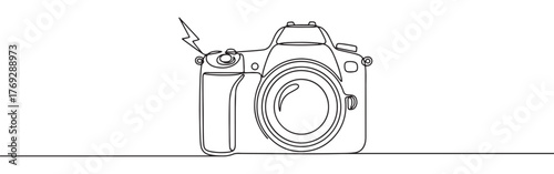Camera continuous one line drawing. Digital camera in simple linear style. Vector illustration.
