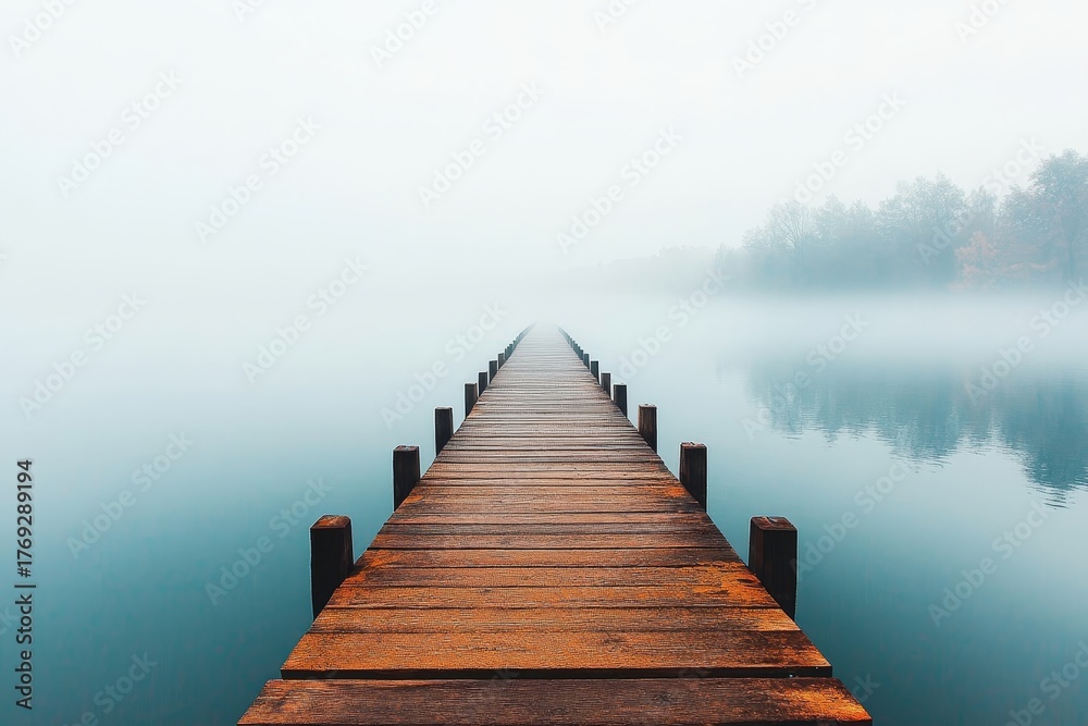 Fototapeta premium Long Wooden Pier Extends into Ethereal Foggy Lake, Creating a Dreamlike and Tranquil Atmosphere