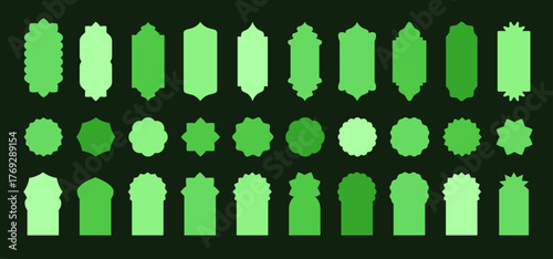 Arab green Ramadan vector design elements. Ramadhan Kareem mosque gates, doors, windows. Oriental style Islamic arches, labels, text boxes. Moroccan shape frames. Indian Mughal frame bg