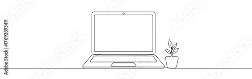Continuous one-line drawing of an open laptop next to a potted plant, symbolizing sustainable technology, growth, and work-life balance in a minimalist style.