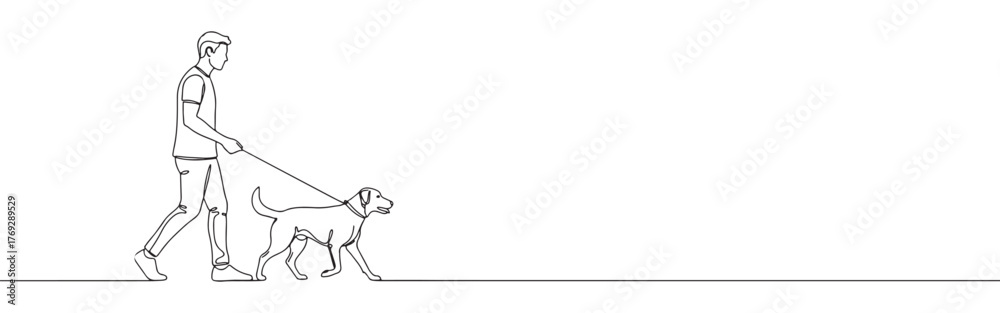Obraz premium Continuous one-line drawing of a man walking a dog on a leash, illustrating pet ownership and daily routine in a fluid, minimalist style.
