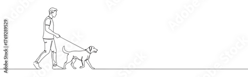 Continuous one-line drawing of a man walking a dog on a leash, illustrating pet ownership and daily routine in a fluid, minimalist style.