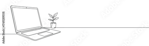 Continuous one-line drawing of an open laptop next to a potted plant, symbolizing sustainable technology, growth, and work-life balance in a minimalist style.