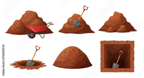 Illustration showing piles of soil, a wheelbarrow, a shovel, a hole in the ground, and a square pit.