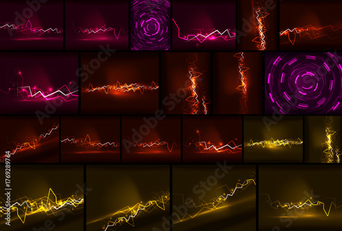 Abstract backgrounds showcase vibrant lines, curves, circles. Colors range from pinks, reds, oranges, yellows. Dynamic energy radiates throughout compositions.