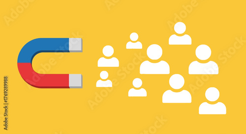 U-shaped magnet attracting multiple white person icons on a bright yellow background