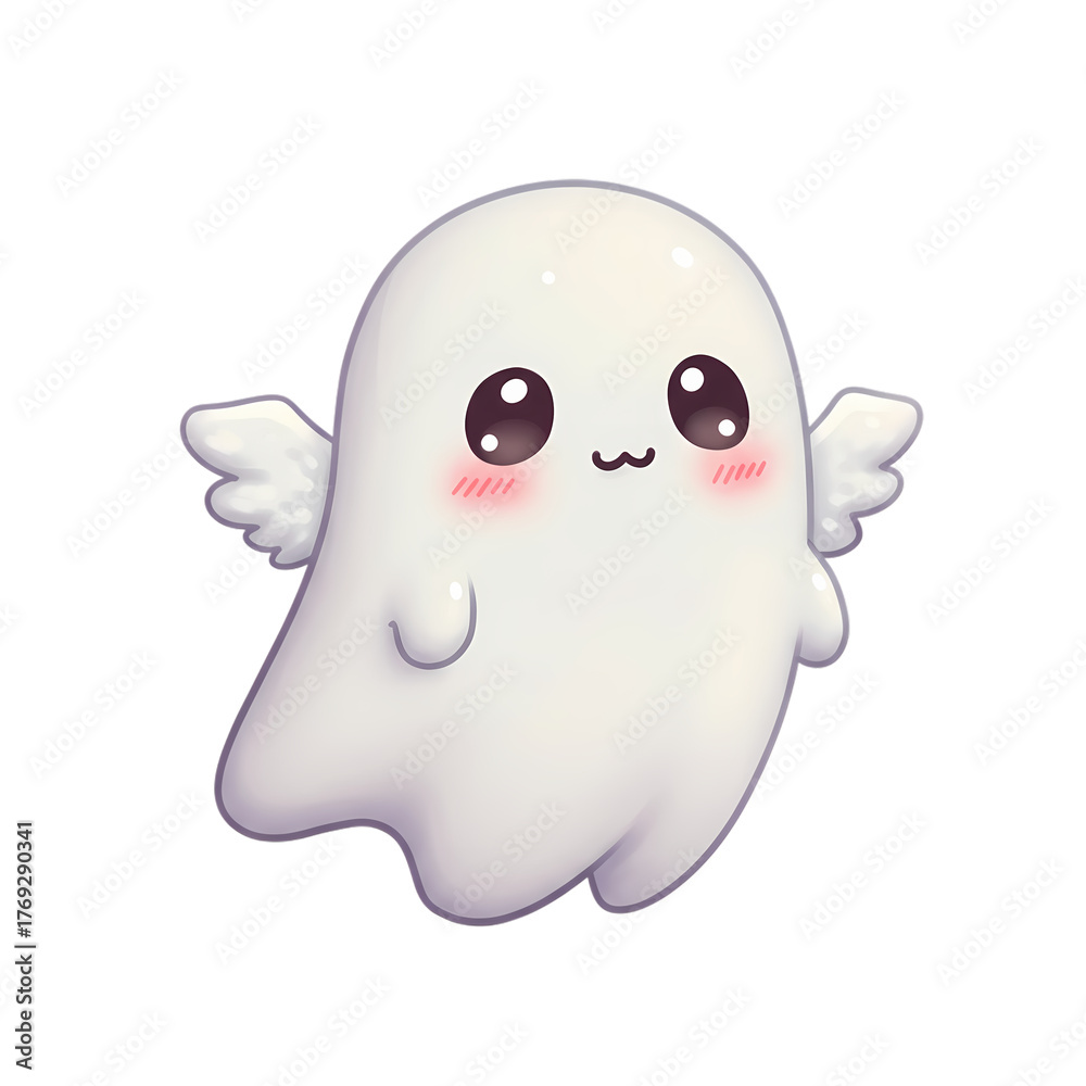 Obraz premium Adorable kawaii ghost with angel wings for Halloween designs, cute and friendly spooky character perfect for kids' products and festive promotions