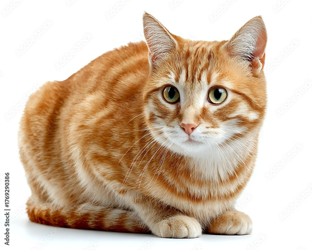 Fototapeta premium Ginger tabby cat with white chest and paws lying on white background, looking directly at camera with bright green eyes. Isolated photo for design use.