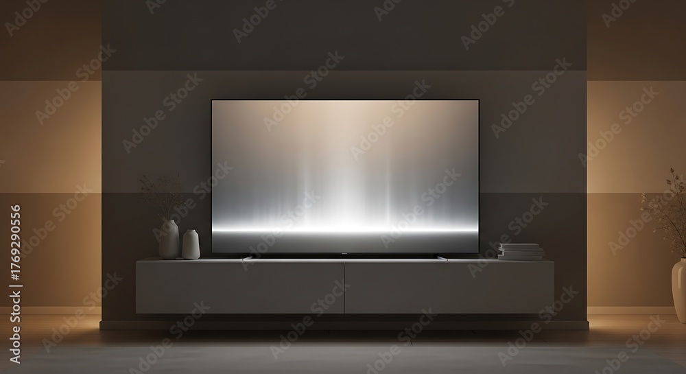 Fototapeta premium Modern Living Room with Sleek Entertainment Center and Large Screen TV.