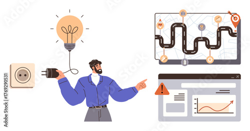 Man plugging in lightbulb idea, digital chart with warning, project roadmap visualizing progress. Ideal for innovation, teamwork, planning, problem-solving, strategy, creativity simple flat metaphor