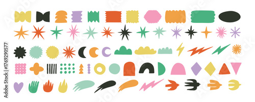 Y2K Minimalist retro Vector Geometric Shapes Set. Hand drawn Symbols, Labels and Icons. Stars, Birds and Circles with ZigZag Edge