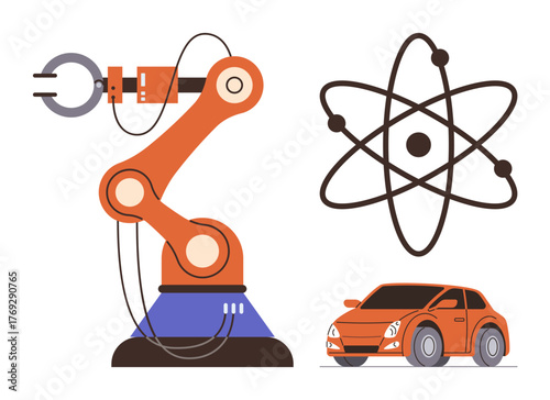 Robotic arm symbolizing automation, atom structure for science, car for engineering. Ideal for technology, innovation, robotics, manufacturing, STEM education energy and industry. Minimalist flat
