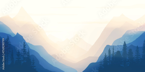 Sunrise in the mountains, misty wild gorge, vector illustration
