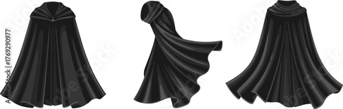 Black cape illustration set, fantasy cloak designs, dramatic garment styles, superhero costume elements, theatrical fashion concept, character design reference