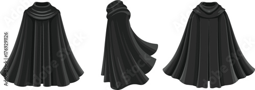 Black cloak illustration, dramatic cape design, high collar fashion, costume concept art, gothic garment, fantasy wear, layered fabric, side view