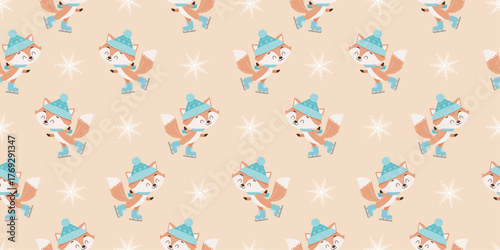 Winter seamless pattern with a cute fox ice-skating