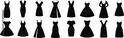 Black dress silhouettes, fashion design elements, women's clothing styles, elegant outfit icons, garment variety, apparel reference, style comparison, boutique illustration