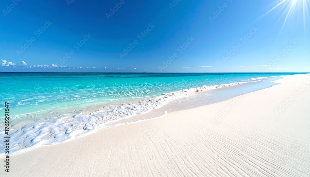 Obraz premium Clean white sand beach, turquoise water, bright sunlight, realistic texture, clear blue sky, minimal landscape photo. 