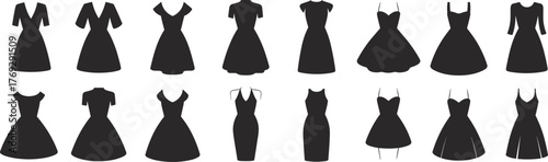 Black dress silhouettes, fashion design elements, women's clothing styles, elegant outfit variations, garment shapes, neckline types, sleeve options, apparel reference chart