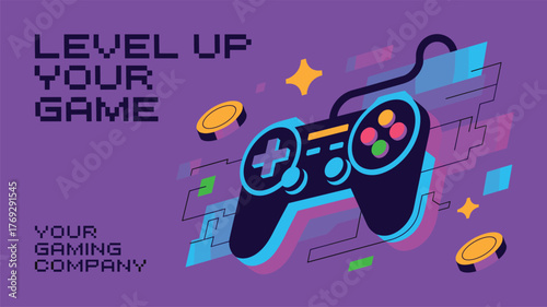 Colorful gaming controller illustration, pixel coins, sparkles, purple background, level up message, digital entertainment branding, esports promo design