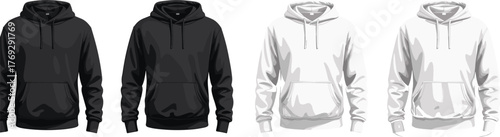 Black hoodie, white hoodie, casual sweatshirt, fashion apparel, front pocket, drawstring hoodie, unisex clothing, blank hoodie, retail display, minimalist style
