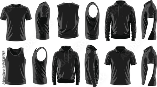 Black men's fashion tops, t-shirt, tank top, hoodie, polo shirt, muscle fit, front and back view, apparel mockup