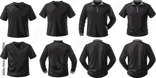 Black shirt mockup, front and back view, V-neck, crew-neck, pullover, quarter zip, fashion template, apparel design, clothing set