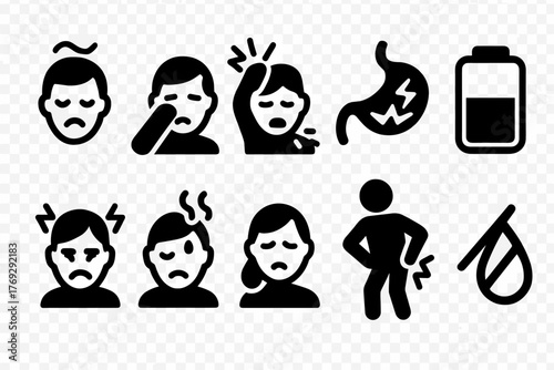Hangover Symptoms Icons. Vector icon set of hangover symptoms: dizziness, vomiting, sweating, blurred vision, dry mouth, stomach. Vector icon.