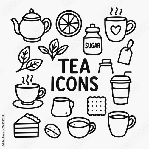 Accented Tea Set. Tea. Hand-drawn doodle illustration tea teapot (accented), teacup, tea bag (accented), sugar bowl, honey jar (accented), spoon, lemon slice. Vector icon.
