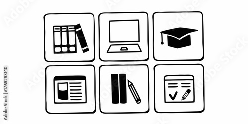 Illustration of education and learning themed icons including books laptop graduation cap and assignments on transparent background