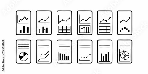 A collection of hand drawn data visualization icons representing various charts and graphs on documents pages on transparent background