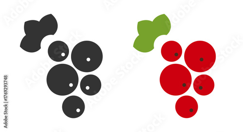 Graphic representation of red currant fruits illustrated in a line icon style. Each fruit is distinctly designed with circles and leaves, highlighting their fresh appearance and simplicity.