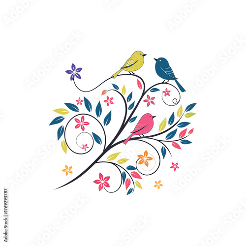 Colorful different type of birds sitting on tree branches with colourful floral and leaf patterns, featuring nature vector illustration