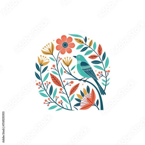 Colorful different type of birds sitting on tree branches with colourful floral and leaf patterns, featuring nature vector illustration