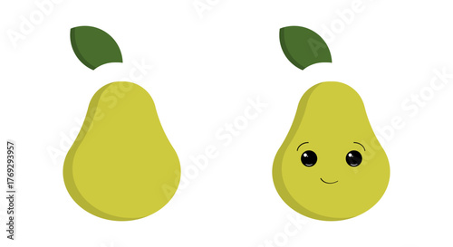 Two line icons depict pears with one showing a cute, smiling face. The icons are colorful and simple, highlighting the pear shape and playful features.