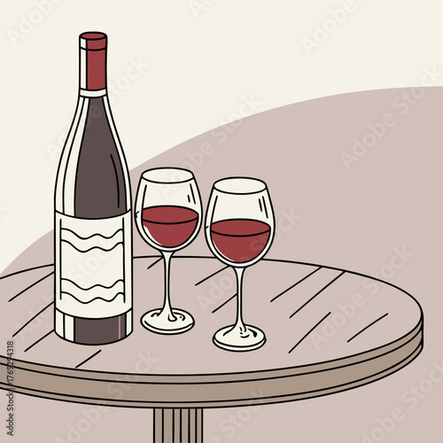 Cozy wine bottle and glasses on a table for a romantic evening setting