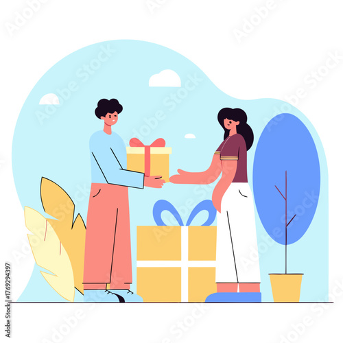 A man giving a gift to a woman
